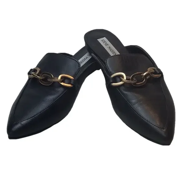 Steve Madden Black Leather Mules with Gold Chain EUC - Picture 1 of 10